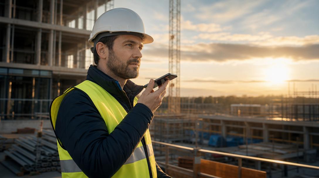 Tecnico in cantiere con smartphone alla golden hour