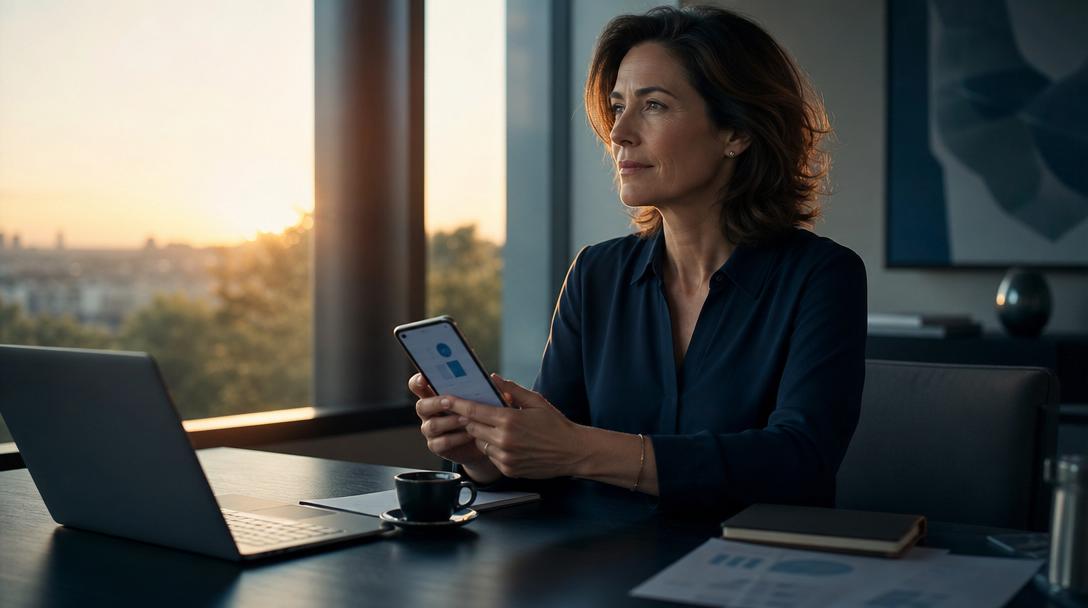 Imprenditrice all'alba con caffè e telefono