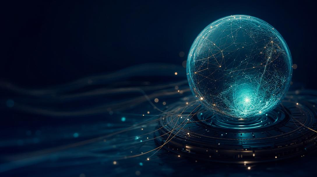 Key visual generato dall'AI: sfera luminosa su fondo navy
