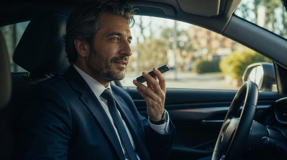 Commerciale in auto che invia un messaggio vocale