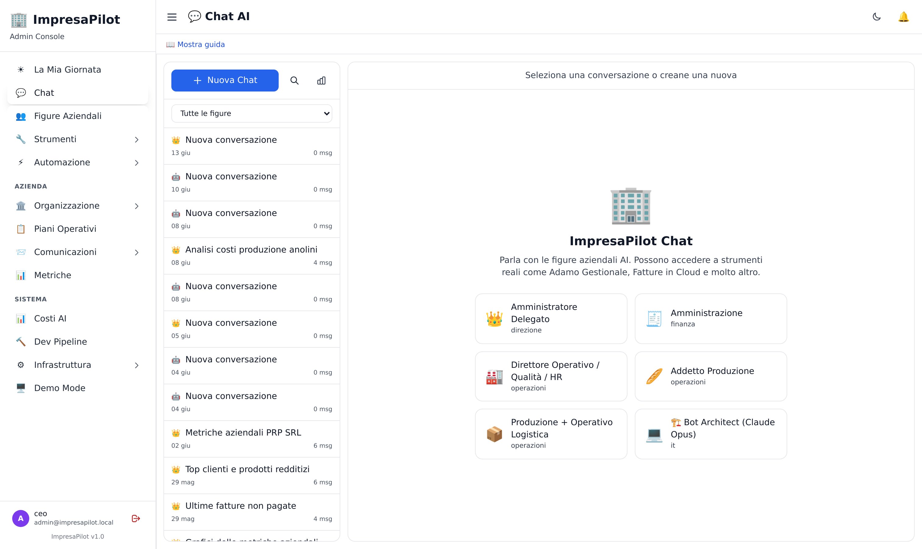 Chat AI di ImpresaPilot con conversazioni reali e selezione della Figura