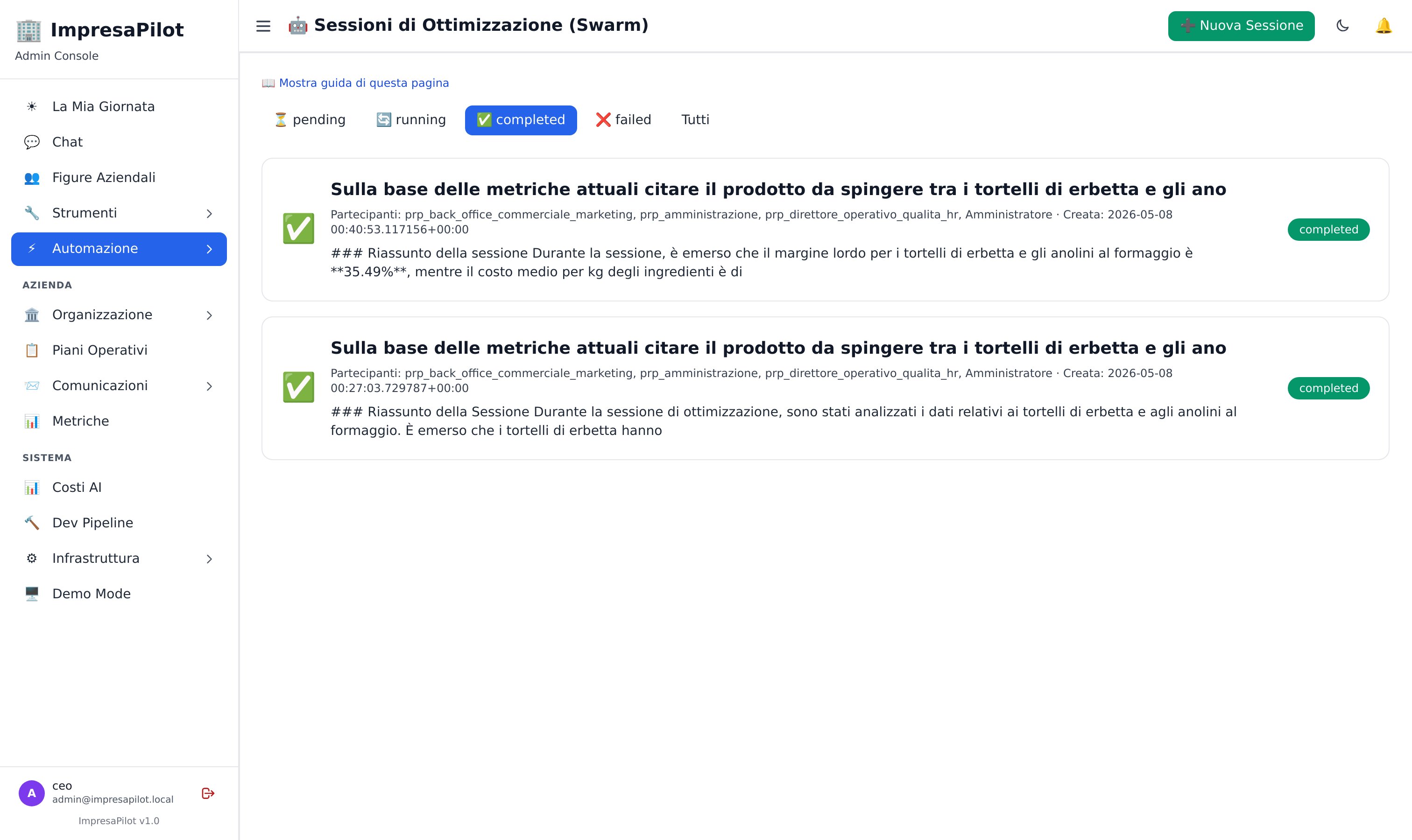 Vista Sessioni Swarm con più bot che collaborano